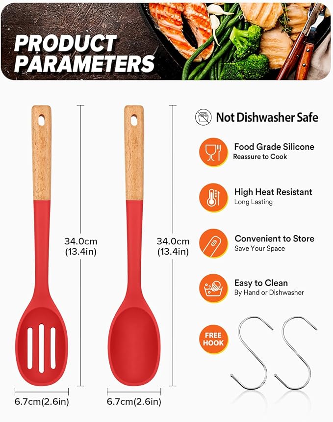 Silicone Cooking Spoons, Great for Scooping Sides and Serving Hearty Stews, BPA-Free Matte Silicone, Wooden Handle Serving Spoon for Nonstick Cooking Surfaces (Red)-Ruum Studio Home