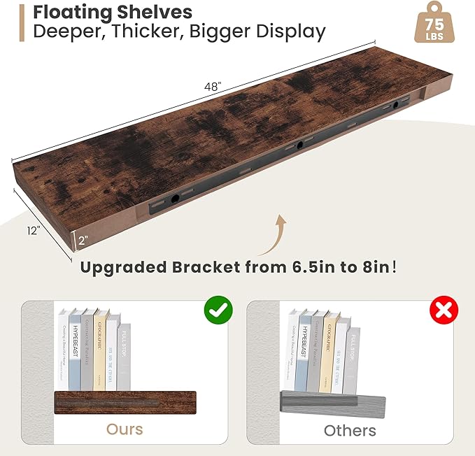 Heimlove 12 Inch Deep Floating Shelves, 48 x 12 inches Long Wall Shelf, Large Display Shelf & Storage Shelf, Rustic Wood Wall Shelves for Fireplace Mantel, Set of 2(Rustic Brown)-Ruum Studio Home