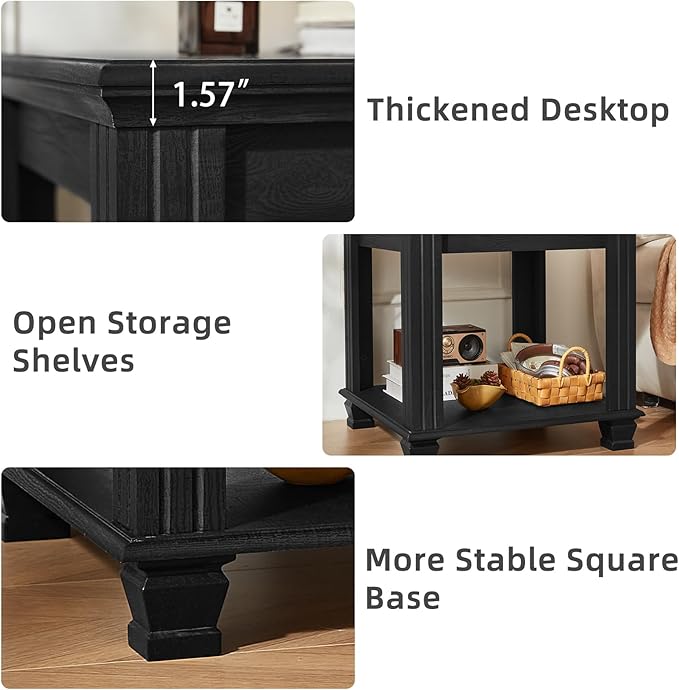 Farmhouse End Table Set of 2,Large Side Table with 2-Tier Storage Shelf,Rustic Wood End Tables for Living Room,Square Tea Table, Black-Ruum Studio Home