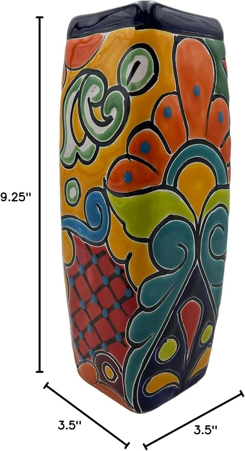 Talavera Planter Pot Square Vase Folk Art Mexican Pottery Handmade Hand Painted Home Decor Indoor Multicolor Outdoor 9.25" (Cobalt Multi)-Ruum Studio Home