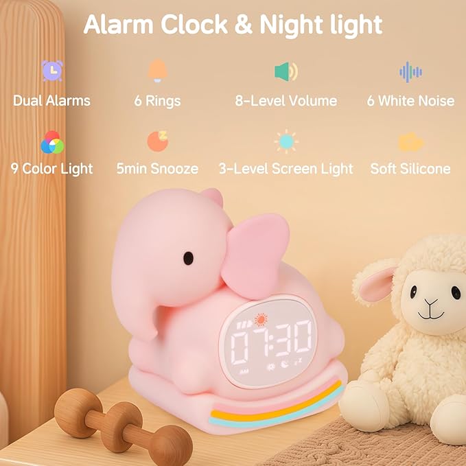 Alarm Clock for Kids with Night Light, Sleep Training Clock Time to Wake Clock, Rechargeable Silicone Light for Bedroom, Perfect Sleep Companion for Boys Girls, Pink Elephant-Ruum Studio Home