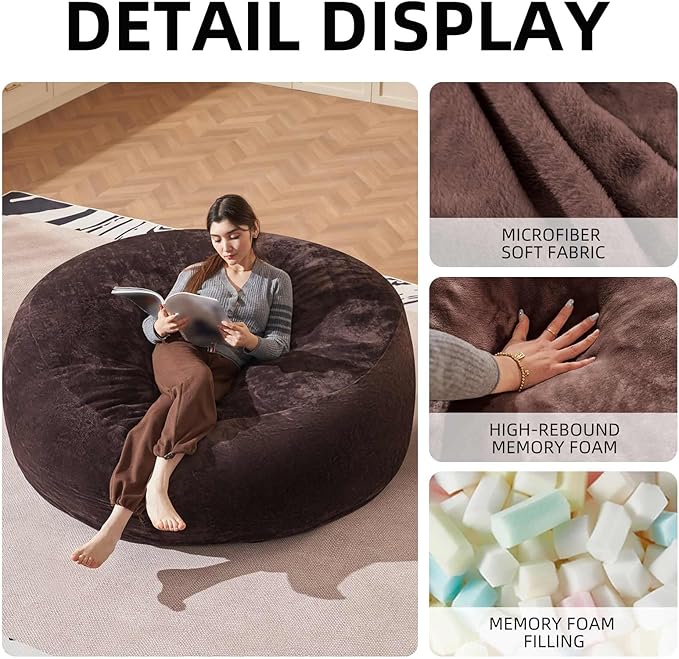 Bean Bag Chair 6Ft, Memory Foam Filled, Large Beanbag Chairs for Adults and Teens, Soft Sofa with Removable Flannel Cover, Round Couch for Living Room Bedroom College Dorm (Brown, 6FT-67×67"×24")-Ruum Studio Home
