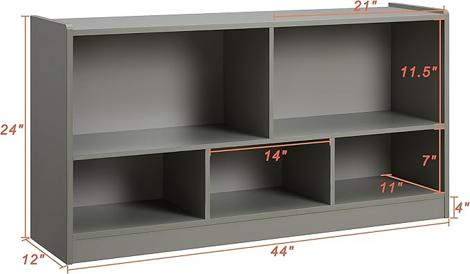 Toy Organizers and Storage, 5-Section Kids Bookshelf for Organizing Books Toys, School Classroom Wooden Storage Cabinet for Children's Room, Playroom, Nursery (Grey)-Ruum Studio Home