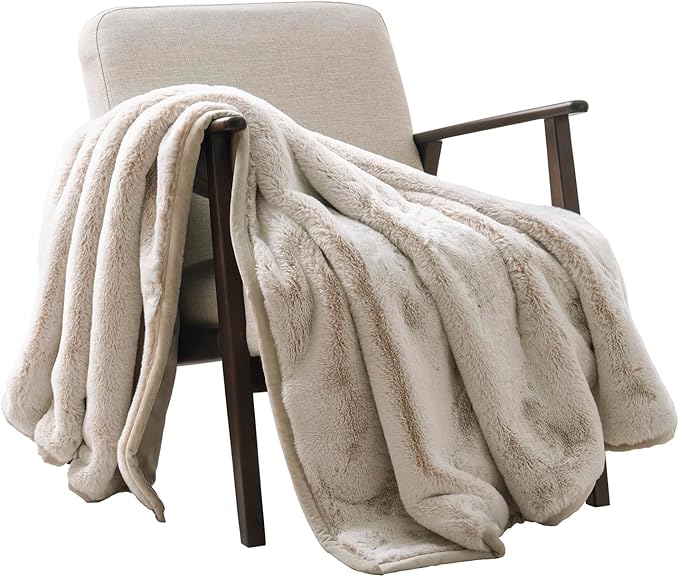 Ultra Soft Luxury Fluffy Mink Faux Fur Throw Blanket, Thick Warm Fall Winter Blankets for Bed, Couch, Cozy Plush Reversible Blanket for Chair, Sofa (Tipped Champagne Ivory, 60"x80")-Ruum Studio Home