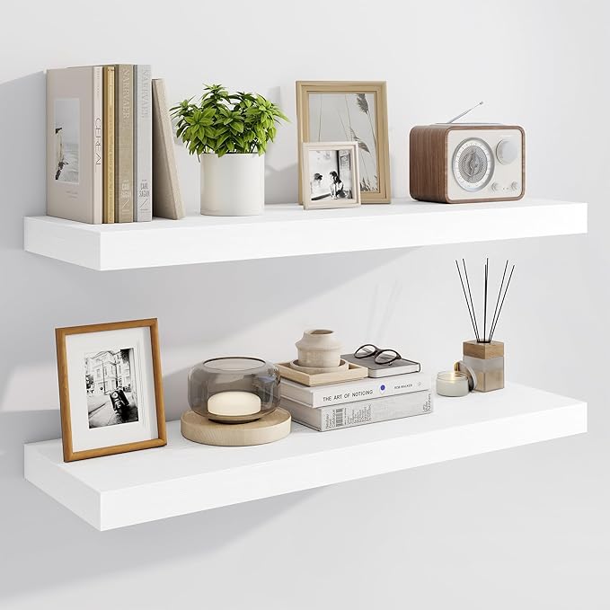 Marsmiles 36" Floating Shelves for Wall, Wooden Shelves with Invisible Brackets Set of 2, Rustic Farmhouse Wall Mounted Shelf for Kitchen Bathroom Living Room Study, White-Ruum Studio Home