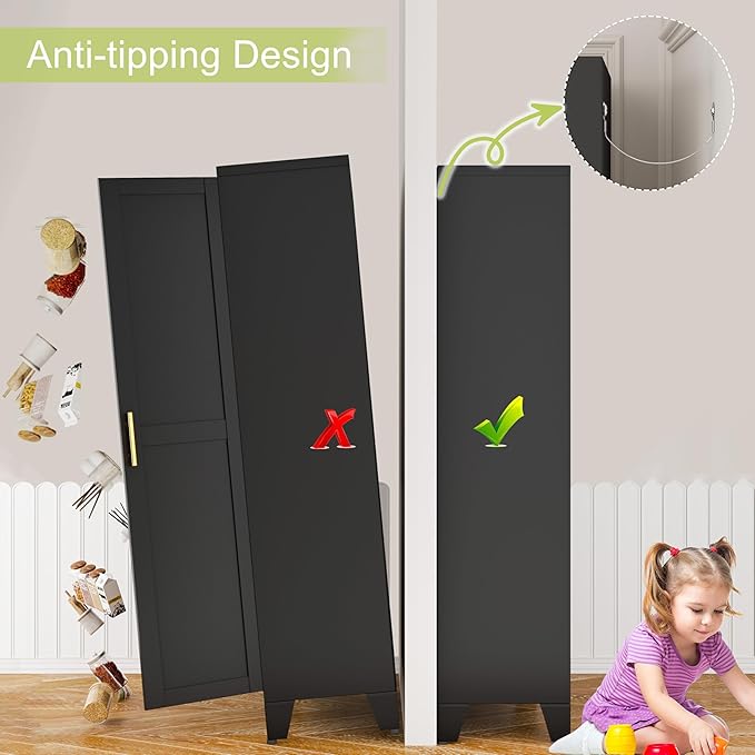 Metal Storage Cabinet With 2 Doors and 3 Adjustable Shelves, Black Kitchen Pantry for Food, Utility Cabinet for Laundry Room, Cupboard-Ruum Studio Home