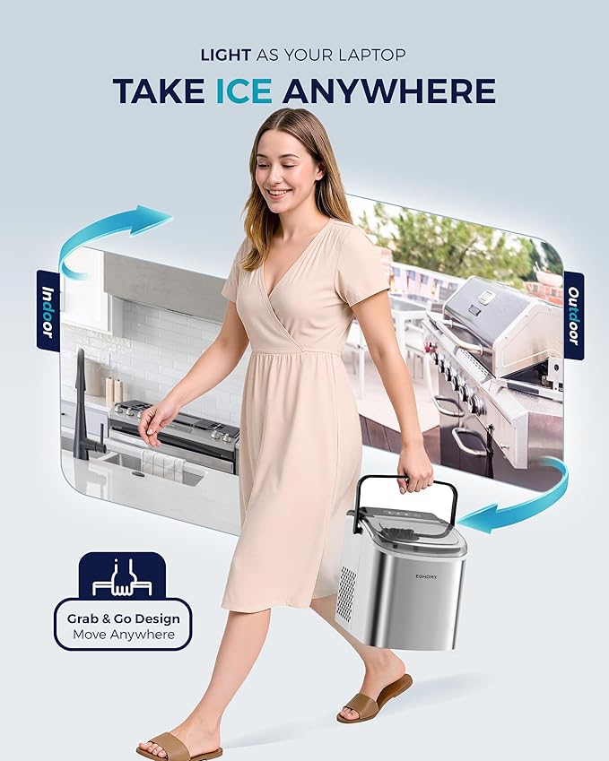 EUHOMY Countertop Ice Maker Machine with Handle, 26lbs Per Day, 9 Ice Cubes Ready in 6 Mins, Auto-Cleaning Portable Ice Maker with Basket and Scoop, for Home/Kitchen/Camping/RV (Silver)-Ruum Studio Home