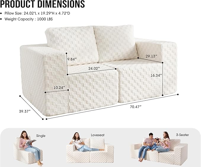 Modular Sectional Sofa 2 Seater Loveseat Modular Couch with Deep Seat Memory Foam Cloud Chair with Pillows Oversized Sectional Sofa for Living Room Bedroom (Plush White, Loveseat)-Ruum Studio Home