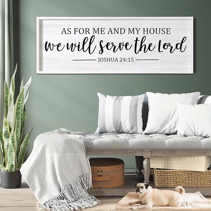 As For Me And My House We Will Serve The Lord Framed Wall Art, 40''×15'' Positive Religious Bible Verse for Christian God Jesus Christ Prayer, Vintage Rustic Long Holy Catholic Scripture Decor-Ruum Studio Home