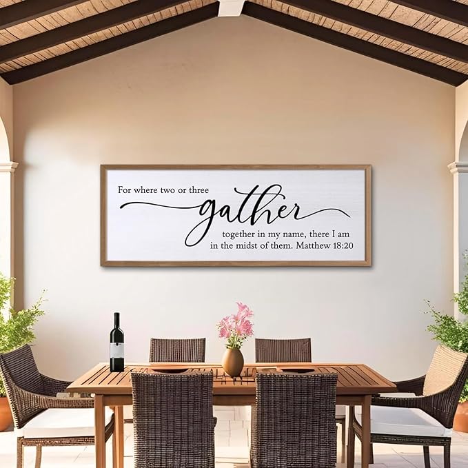 For Where Two Or Three Gather Sign Dining Room kitchen Wall Decor Bible Verse Scripture Matthew 18:20 Wooden Frame 32X12 Inch for Christian Family Hanging Art (Wood)-Ruum Studio Home