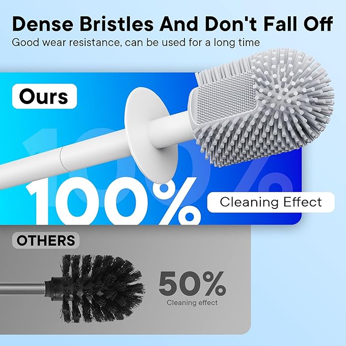 Silicone Toilet Brush and Holder Set with L-Shaped Brush Head, Wall Mounted Toilet Brush Set with Long Non-Slip Handles, Compact Toilet Bowl Cleaner Brush Suitable for RV Trailers & Bathroom (1 Pack)-Ruum Studio Home