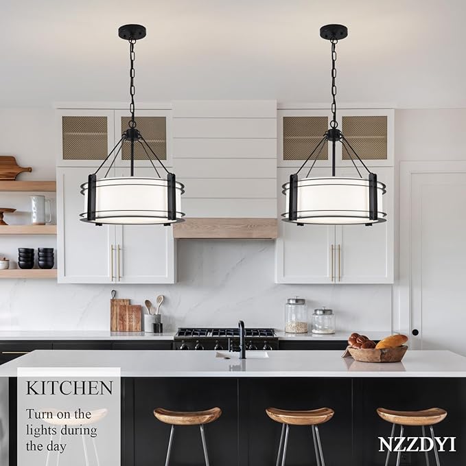 16.3''Black Drum Chandelier 3-Light Modern Farmhouse Chandelier with White Fabric Shade Adjustable Drum Pendant Light Fixture for Dining Room Kitchen Island Hallway Living Bedroom-Ruum Studio Home