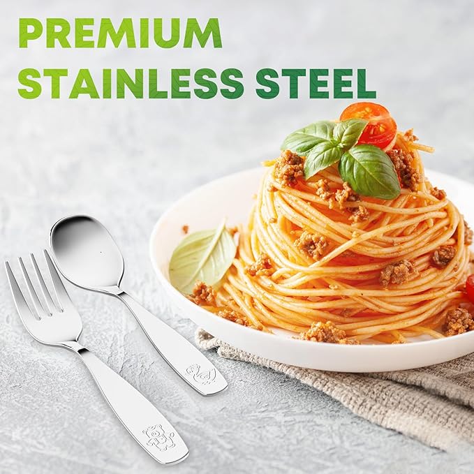 Toddler Utensils 4 Set, Kids Stainless Steel Silverware Set - 2pcs Forks and 2pcs Spoon, Cute Children Flatware Sets with Mirror Polished, Self Feeding Safe, Dishwasher Safe-Ruum Studio Home