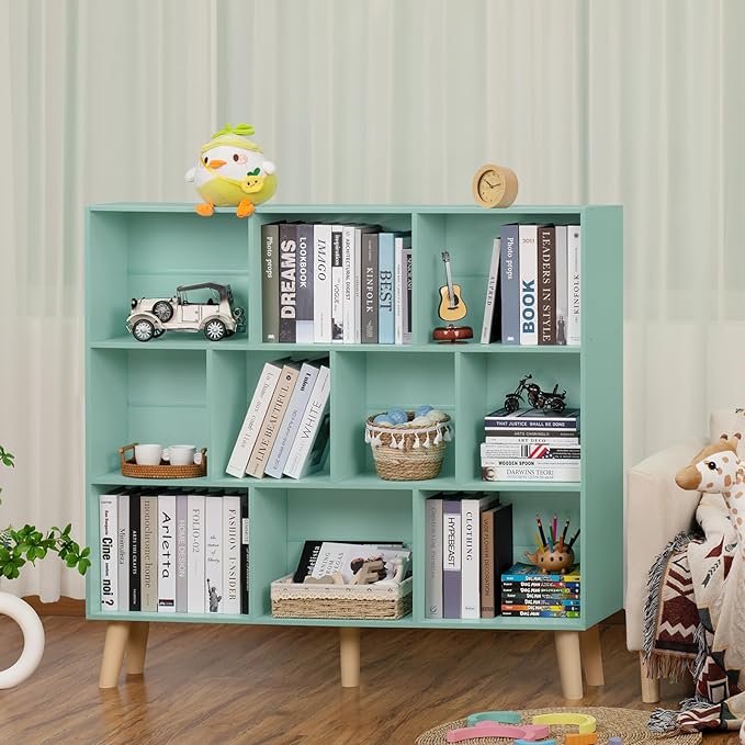 LEYAOYAO 10 Cube Bookshelf,3 Tier Modern Wide Bookcase with Legs,Mid-Century Wood Bookshelves Storage,Mint-Green Large Book Case,Freestanding Organizer Display Shelf for Bedroom,Living Room,Office-Ruum Studio Home