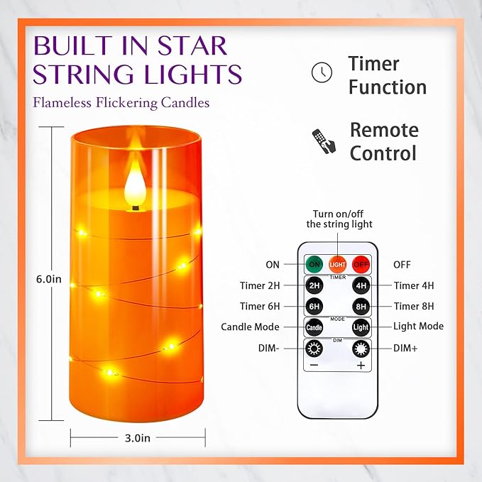 NURADA 3"x6"Flickering Flameless Candles: Built-in Star String Lights 3D Wick Battery Operated LED Pillar Candles with Remote and Timer for Halloween Thanksgiving Dinner Tables Home Fall Decor Orange-Ruum Studio Home