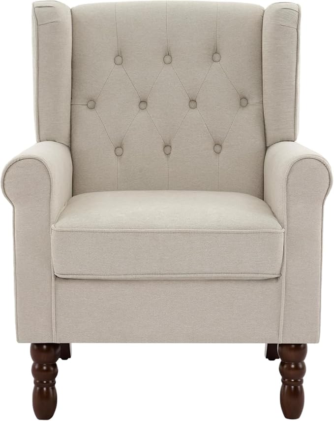 UIXE High Back Accent Chairs Set of 2, Upholstered Armchair in Fabric for Living Room, Retro Wingback Arm Chair Comfy Single Sofa Bedroom Reading Seat with Solid Wood Legs - Beige-Ruum Studio Home