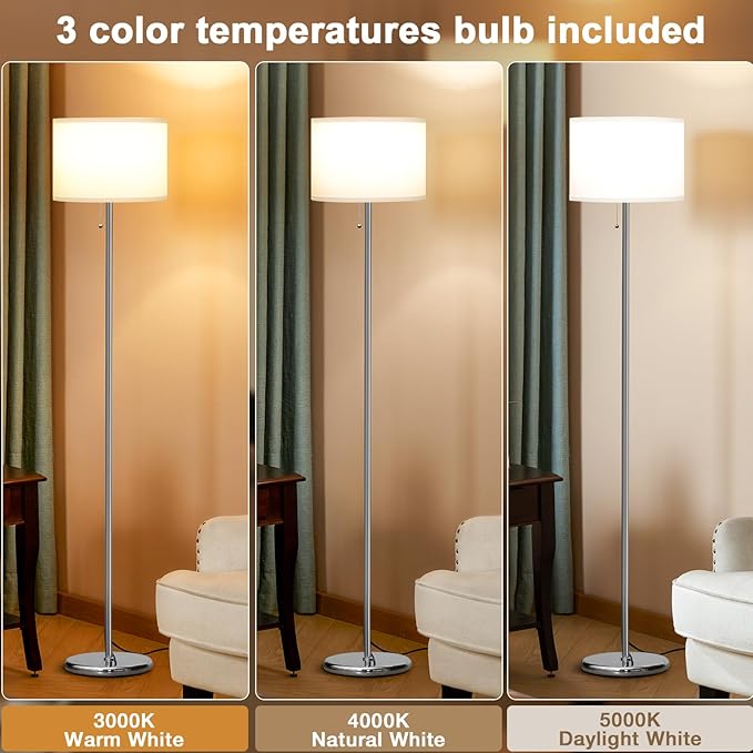 Ambimall Floor Lamps for Living Room with 3 Color Temperatures Bulb & Pull Chain Switch, 60" Modern Standing Floor Lamp for Bedroom Kids Room Study Room(White Shade & Silver Pole)-Ruum Studio Home