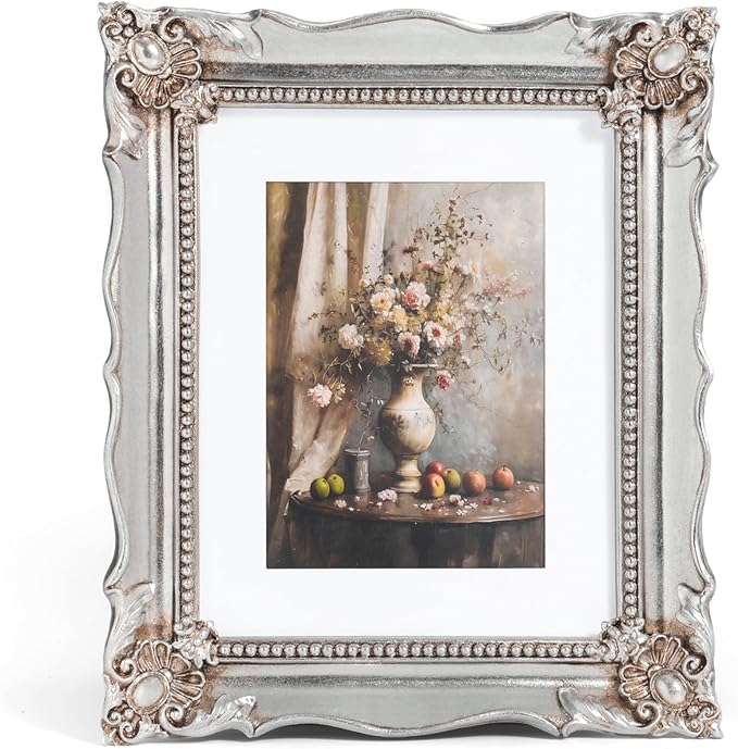 8x10 Vintage Picture Frame with Embossed Flower Design, Silver Ornate Frame for 8x10 or 5x7 Pictures with White Mat, Hand-Crafted Resin Antique Frames for Tabletop & Wall Hanging, Home Decor (Silver)-Ruum Studio Home
