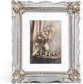8x10 Vintage Picture Frame with Embossed Flower Design, Silver Ornate Frame for 8x10 or 5x7 Pictures with White Mat, Hand-Crafted Resin Antique Frames for Tabletop & Wall Hanging, Home Decor (Silver)-Ruum Studio Home