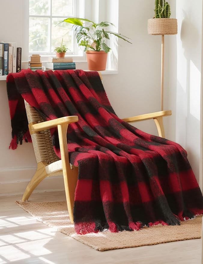 ZonLi Christmas Buffalo Plaid Throw Blanket, 50" x 60" Black and Red Decorative Blankets with Tassel for Couch, Bed, Sofa, Chair, Outdoor, Cozy Warm Lightweight Farmhouse-Ruum Studio Home