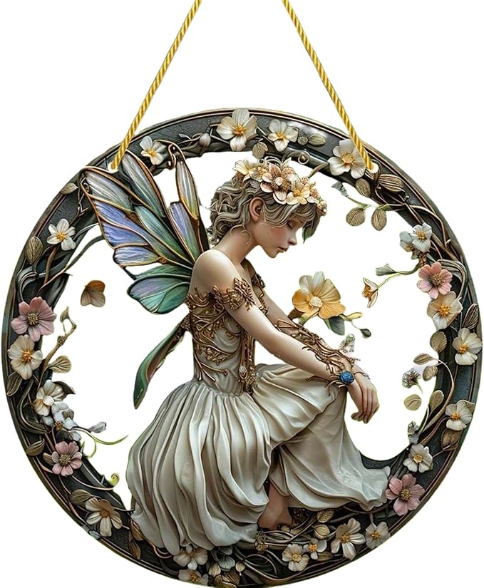 Flower Fairy Garden Decorations Angel Wing Christmas Halloween Deco Statue Art Elf Sculpture Hanging Craft for Outdoor Yard Courtyard Lawn Patio Window Acrylic Ornament Home Gift (B,S: 6*6 IN)-Ruum Studio Home