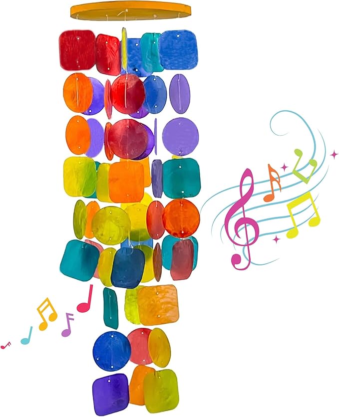 Bellaa 22890 Wind Chimes Outdoor, Garden Decorations, Musical, Indoor/Outside Windchimes, Beach, Ocean Breeze, Gifts for Mom, Gift for All Occasions, Capiz Sea Glass Shells Wood 27 inch Rainbow-Ruum Studio Home