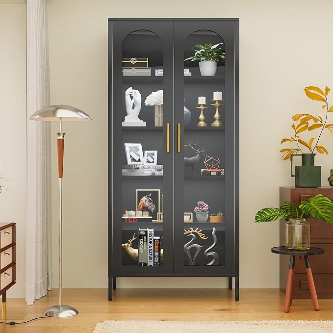 71" Tall Display Cabinet, 5-Tier Bookshelf with Doors & Adjustable Shelf, Modern Storage Cabinets Ideal for Book, Wine, Collectibles, Free Standing Bookcase for Home, Office, Living Room-Ruum Studio Home