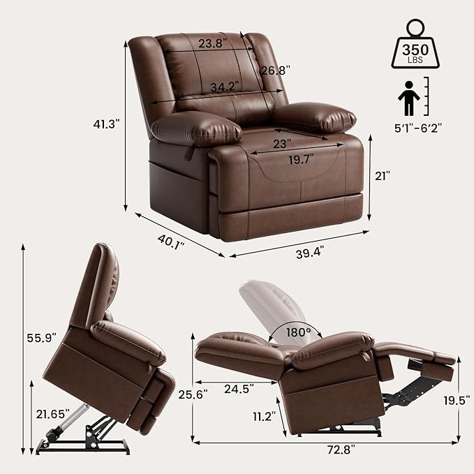 Large Dual Motor Power Lift Recliner Chair with Massage and Heat for Elderly People, Infinite Position,USB Ports and Remote Control,Breathable Leather (Red Brown)-Ruum Studio Home