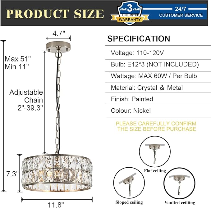 12” 3-Light Modern Crystal Chandeliers Nickel Dinning Room Light Fixture, Round Pendant Light Kitchen Island Chandelier, Flush Mount Ceiling Light for Living Room Entryway Bedroom Foyer-Ruum Studio Home