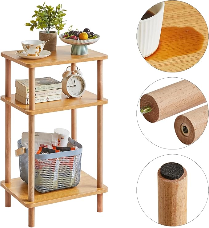 IBUYKE 3-Tier Side Table, Solid Wood Tall End Table with Storage Shelves, Nightstand Bedside Table for Living Room Bedroom Office, No-Tool Assembly, Natural UWST003N-Ruum Studio Home