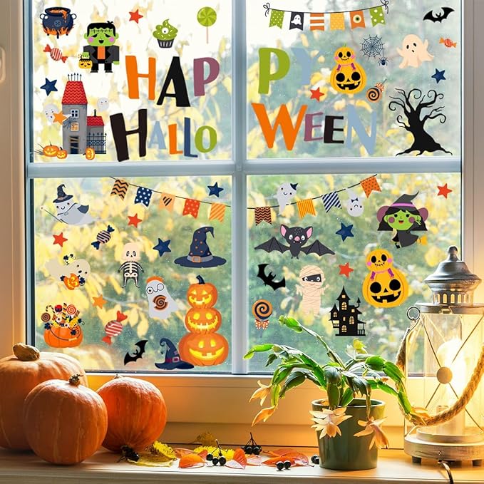 10 Sheets Halloween Window Clings Halloween Window Stickers Decorations Double-Sided Removable Castle Pumpkin Bat Glass Window Decals, Happy Halloween Window Clings for Kids Party Decorations-Ruum Studio Home