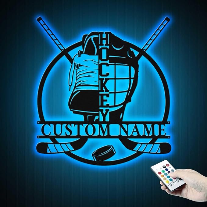 Personalized Ice Hockey Neon Sign - Custom Name Wall Light with Helmet and Crossed Sticks, 16-Color LED with Remote Control, Hockey Decor for Boys, Man Cave, Game Room, Gift for Players, Fans-Ruum Studio Home
