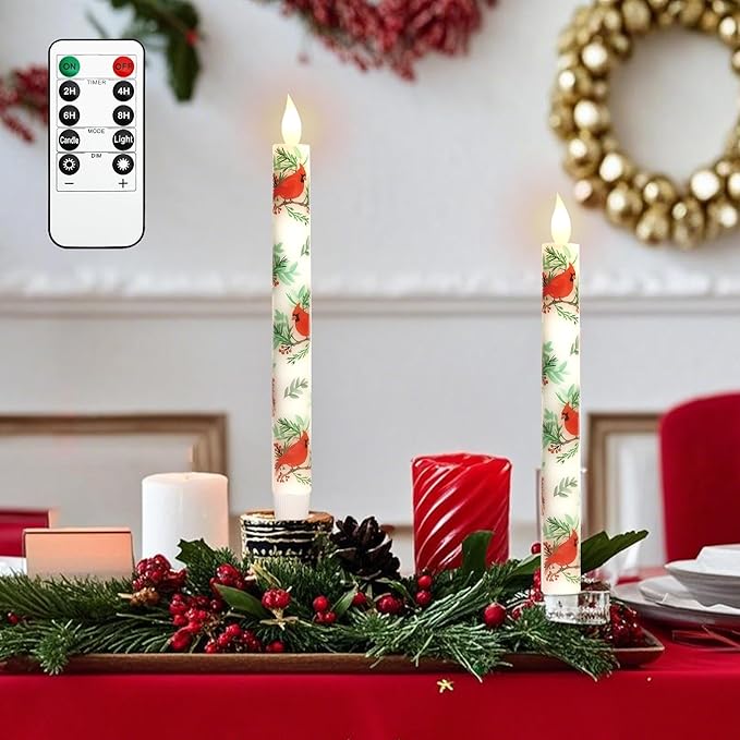 Cardinal Bird Flameless Taper Candles with Remote - Red Bird Theme LED Taper Candles for Home Xmas Holiday Party Christmas Decoration - 2PCS 9.5INCH-Ruum Studio Home