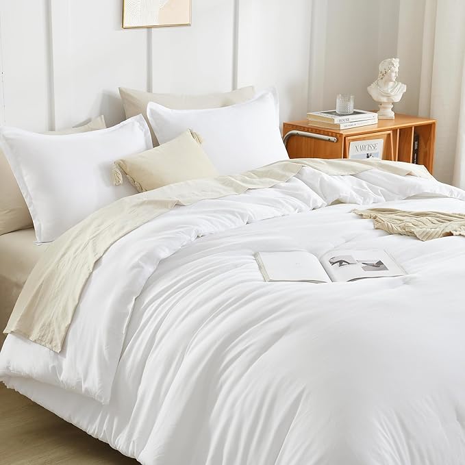 Litanika White Oversized King Comforters Super King Size, 3 Pieces Lightweight Solid Bedding Comforter Set, All Season Fluffy Bed Set (120x120In Comforter & 2 Pillowcases)-Ruum Studio Home