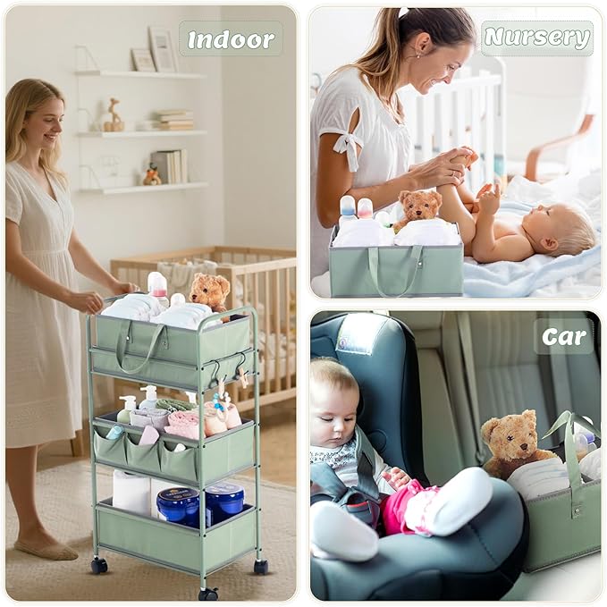Honeydak 2in1 Baby Diaper Caddy Organizer Cart 3 Tier Large Capacity Metal Utility Bedside Rolling Cart with Divider for Newborn Nursery Essential Must Have for Crib Bedroom Baby Shower(Green)-Ruum Studio Home
