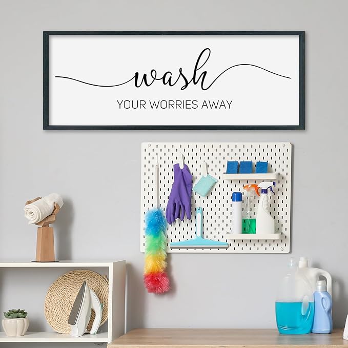 SRSZHIYUE Wash Your Worries Away Bathroom Sign Wall Art 32"×12" Funny Restroom Toilet Large Wood Framed Hanging Decor (Black)-Ruum Studio Home