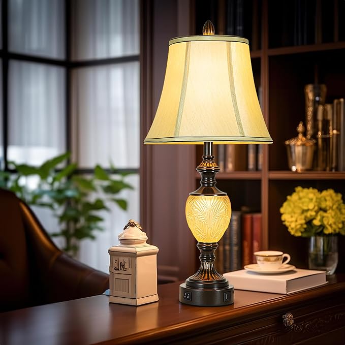 27'' High Vintage Table Lamp Set of 2 for Living Room Farmhouse Bedside Lamp with Fabric Shades Boho Nightstand Lamp with USB and Nightlight for Bedroom Home Office Hotel Bar (Bulb Included)-Ruum Studio Home