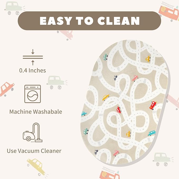 STARUIA Large Kids Rug for Playroom, 4'x6' Washable Road Rug for Nursery, Non-Slip Car Rugs for Boys Room, Tan Traffic Classroom Rugs Soft Baby Play Mat for Dorm Toy Room Tent-Ruum Studio Home