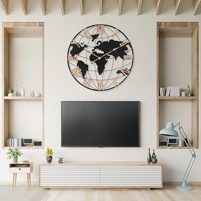 36 Inch Extra Giant Oversized Black Metal Wall Clock,Large Modern Decorative Silent World Map Wall Clock with Vintage Gold Roman Numeral for Living Room,Entrance Fireplace,Dining Room Decor-Ruum Studio Home