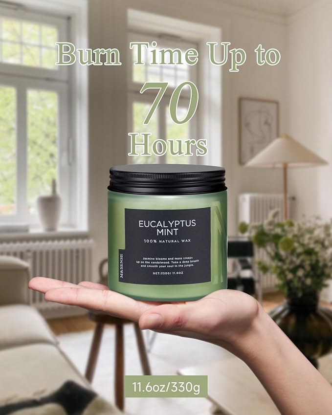M&SENSE Eucalyptus & Mint Soy Candles for Home Scented, 11.6oz 70 Hour Burn Aromatherapy Candle Gift for Stress Relief, Meditation, Yoga, Relaxing SPA, Reusable Jar for Men and Women-Ruum Studio Home