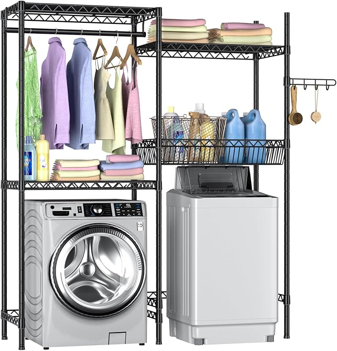 Over Washer and Dryer Shelves,Laundry Room Storage Organization Clothes Drying Rack,4 Tier Adjustable Height Wire Shelving with Wire Basket,Hanger Rod&Hook,Space Saving Shelf-Ruum Studio Home