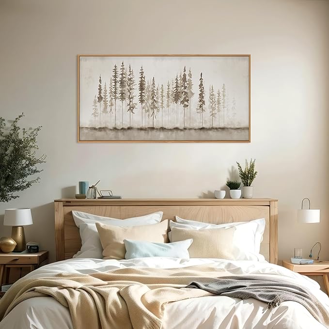HPINUB Misty Forest Framed Canvas Wall Art Set, Foggy Pine Tree Wall Decor, Pastel Nature Landscape Wall Painting, Evergreen Coniferous Plant Art Print for Living Room, Bedroom, Office - 20"x40"-Ruum Studio Home