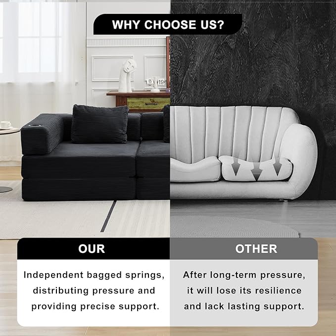 78" W Loveseat Sofa, 4 in 1 Convertible Floor Sofa Bed, Boneless Cloud Couch with Cup Holder, Fold Out Floor Couch, Loveseat Recliner Sleeper for Living Room Bedroom Lounge(Corduroy, White)-Ruum Studio Home