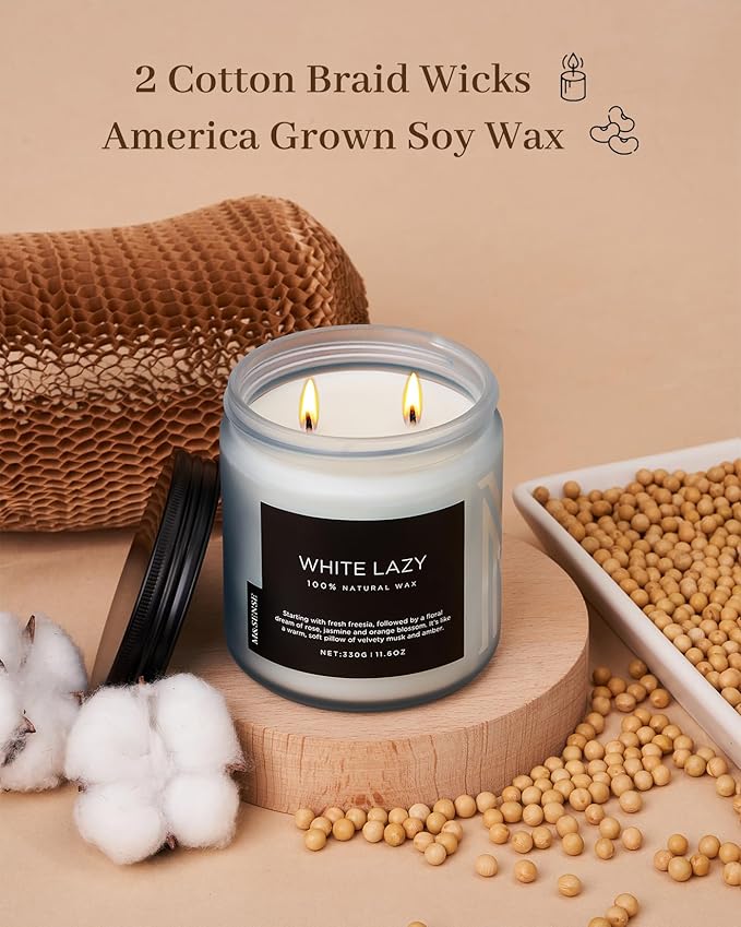 M&SENSE Jasmine & Clean Cotton Spring Scented Candle, 11.6oz Aromatherapy Gifts 2 Wick 70 Hours Long Lasting Burn, Natural Organic Soy Candle, Housewarming Gifts for Dad Mom Friends-Ruum Studio Home