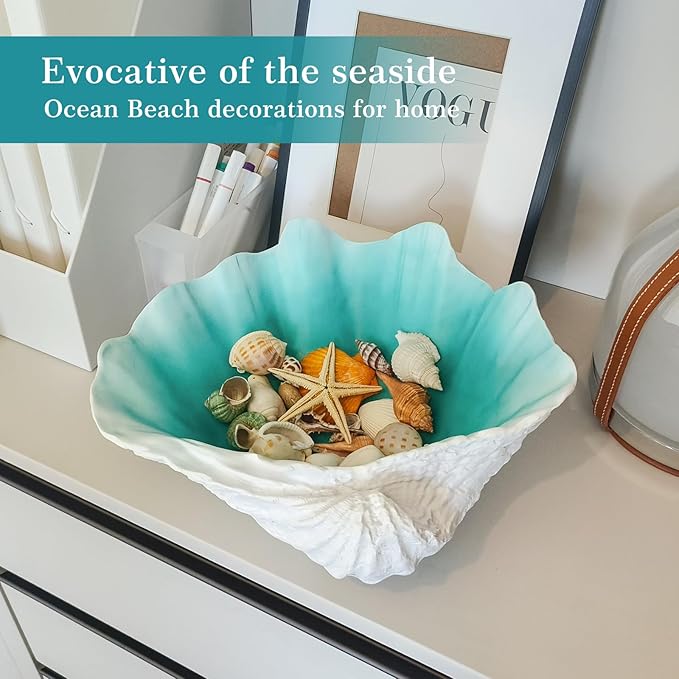 Extra Large Clam Shells Decorative Bowl-Turquoise Sea Shells Decorative Storage Bowls for Coastal Beach theme house table centerpiece decorations & Nautical decorations for coffee table -12.4"-1PC-Ruum Studio Home