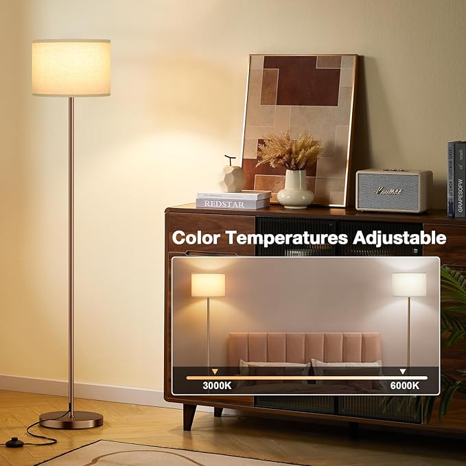 Ambimall Floor Lamps for Living Room with Remote Control and Stepless Dimmable Colors Temperature & Brightness, 9W Bulb Included(Beige Lampshade & Brown Pole)-Ruum Studio Home