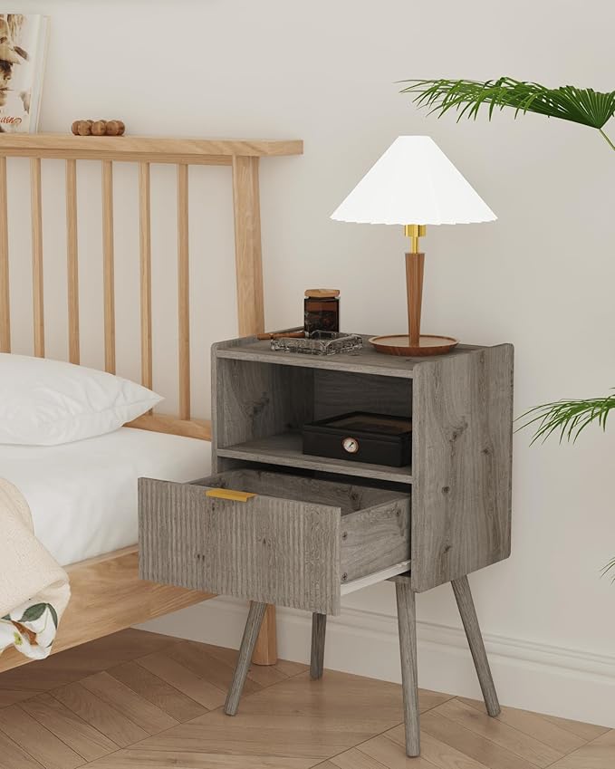 Nightstand,Modern Bedside Table with Storage Drawer and Open Wood Shelf, Accent Night Stand with Solid Wood Legs for Living Room, Bedroom and Small Spaces,Easy Assembly (Grey Oak)-Ruum Studio Home