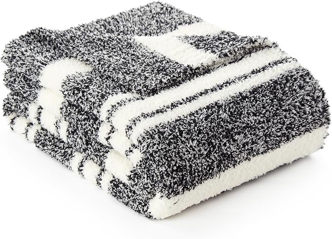 Snuggle Sac Stripe Black Throw Blanket for Couch, Reversible Super Soft Warm Blankets Cozy Knit Fuzzy Plush Lightweight Throws for Sofa, Bed, Stripe Black, 50x60 inches-Ruum Studio Home