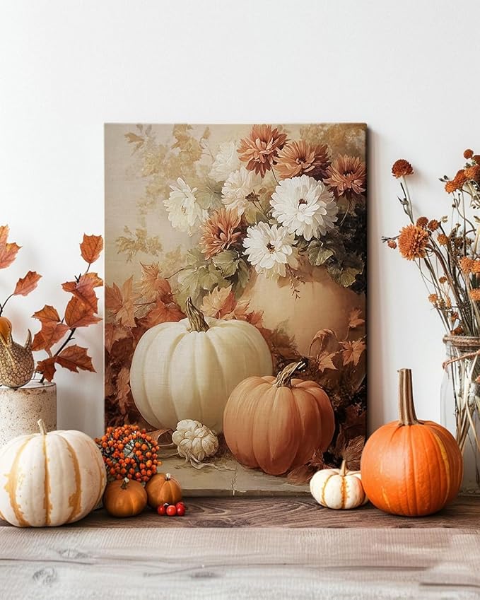 AbcCustomize Fall Wall Art Pumpkin Floral Print, Vintage Thanksgiving Decorations Canvas for Autumn Decor, Rustic Daisy Farmhouse Wall Art Decor for Bedroom Living Room Kitchen, Ready to Hang-Ruum Studio Home