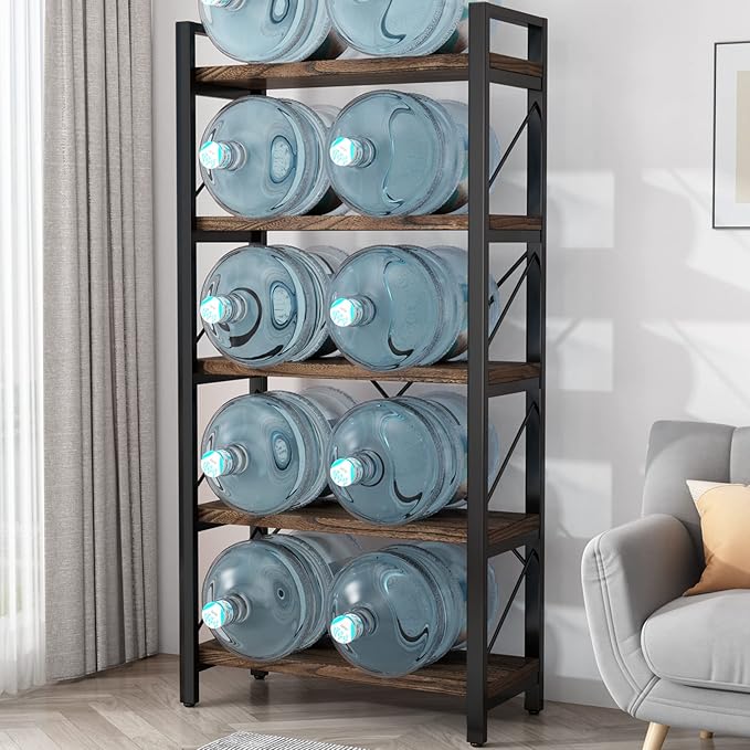 5 Tier Bookshelf Rustic Solid Wood Industrial Style Bookcase,Metal and Real Wood Vintage Bookshelf,Book Shelves Home Office, Retro Brown,Dark Matching credenza(LZ01-05tier) (5Tiers)-Ruum Studio Home